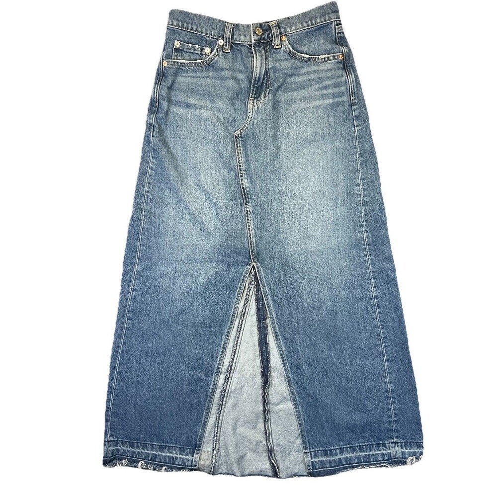 Gap High Waisted Denim Maxi Skirt Size 27 4 Raw Hem Front Slit Jean Cotton